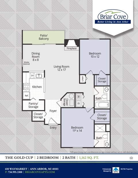 Floor plan for 2 beds, 2 baths, 1162 sqft